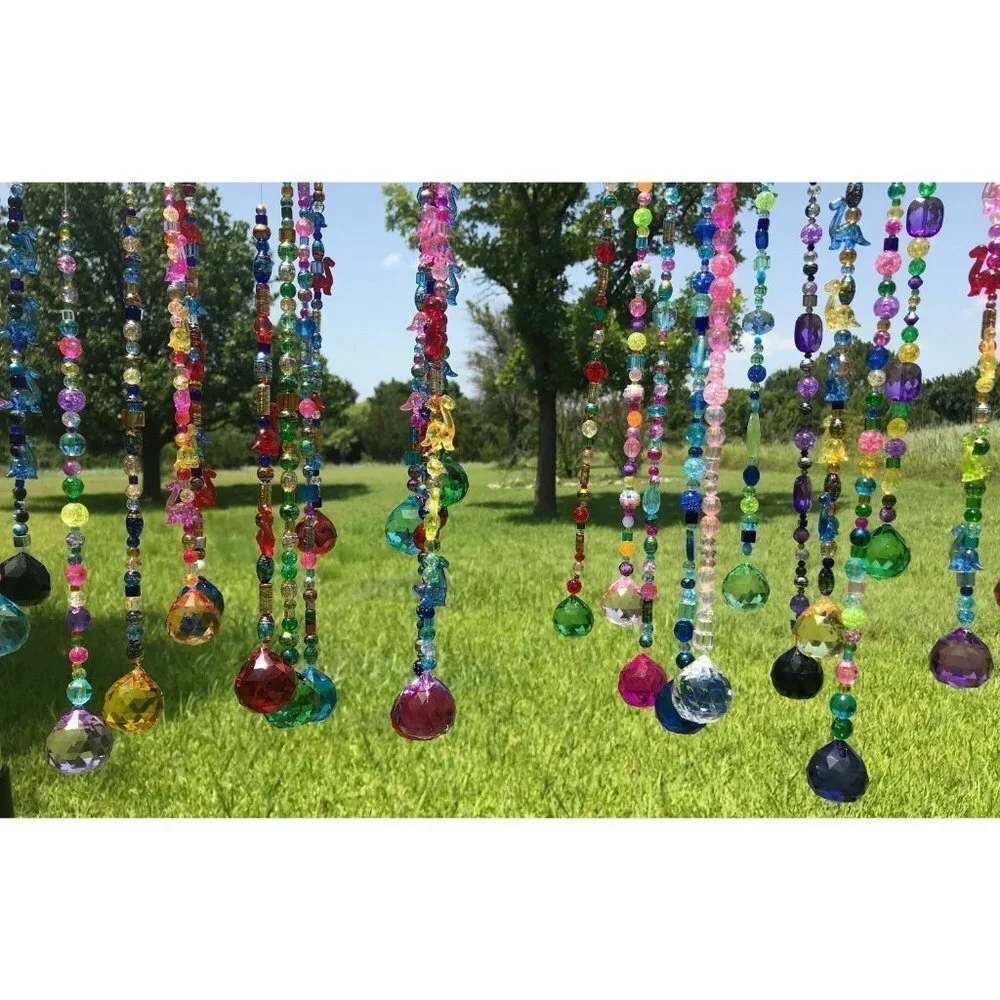 Beaded Suncatcher - Blue Pink - Clear Crystal Prism - Hanging Decor Yard Art